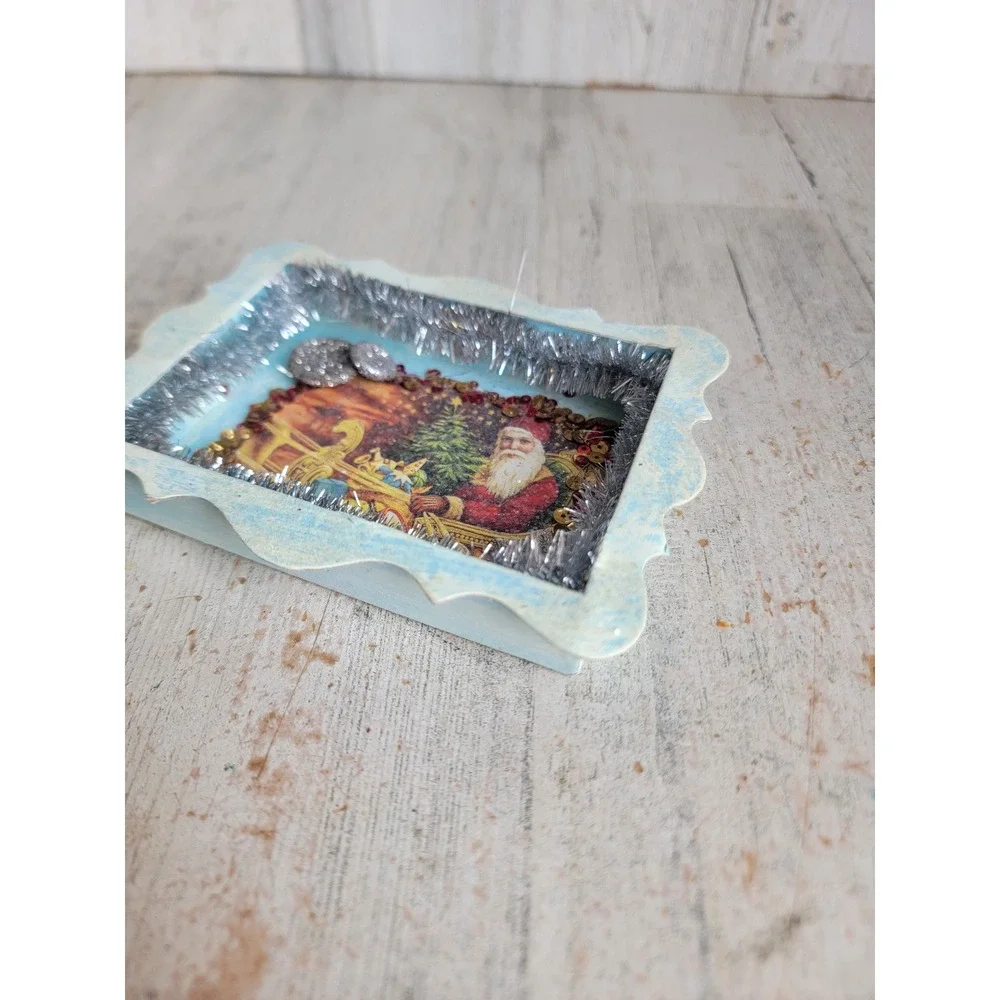 Vintage Santa Claus blue tinsel shadow box ornament Xmas Unique Home